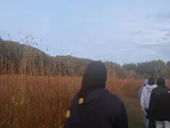 ISA members walking through tall grass at dusk
